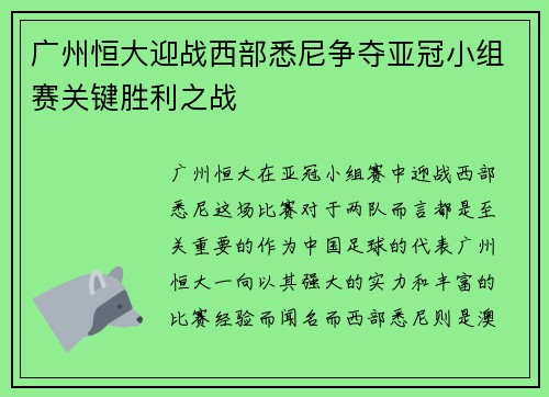 广州恒大迎战西部悉尼争夺亚冠小组赛关键胜利之战